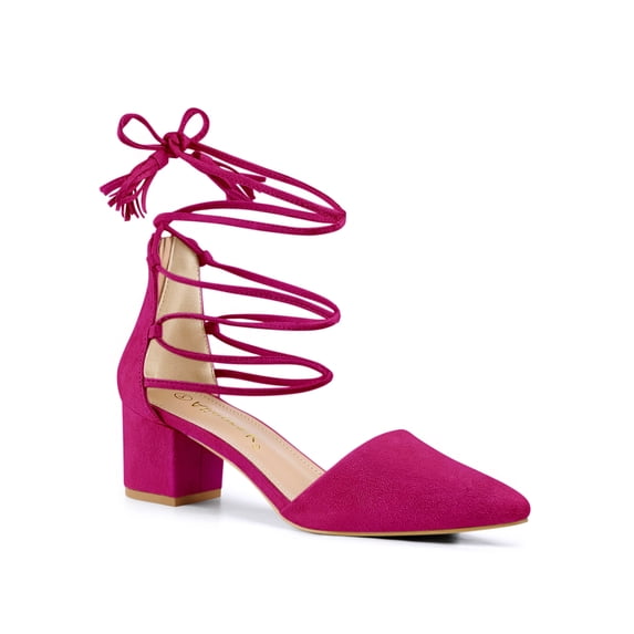 BLISSFUL STEP Women Pointed Toe Block Heels Lace Up Pumps Hot Pink 6