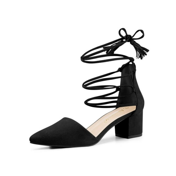 BLISSFUL STEP Women Pointed Toe Block Heels Lace Up Pumps Black 9
