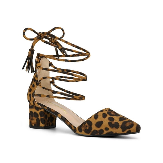 BLISSFUL STEP Women Pointed Toe Block Heels Lace Up Pumps Leopard 10