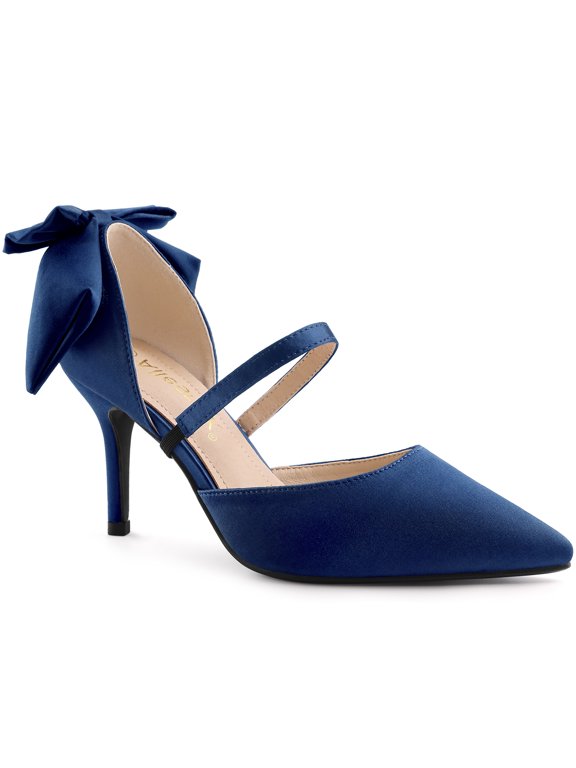 Women's Shoes Satin High Heel Pumps Bow Decor Pointed Toe Slip-On Shoes Navy Blue 9