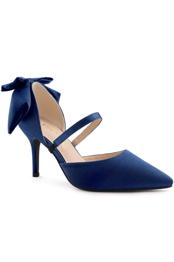 Women's Shoes Satin High Heel Pumps Bow Decor Pointed Toe Slip-On Shoes Navy Blue 9