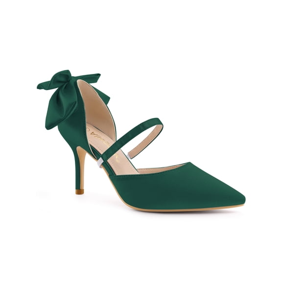 BLISSFUL STEP Women's Shoes Satin High Heel Pumps Bow Decor Pointed Toe Slip-On Shoes Dark Green 11