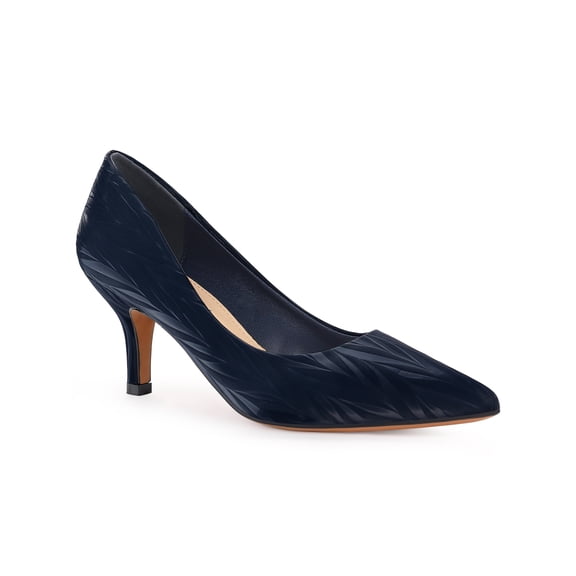 BLISSFUL STEP Women Pointed Toe Leaves Print Slip on Kitten Heel Pumps Navy Blue 8