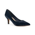 thumbnail image 1 of BLISSFUL STEP Women Pointed Toe Leaves Print Slip on Kitten Heel Pumps Navy Blue 9.5, 1 of 7