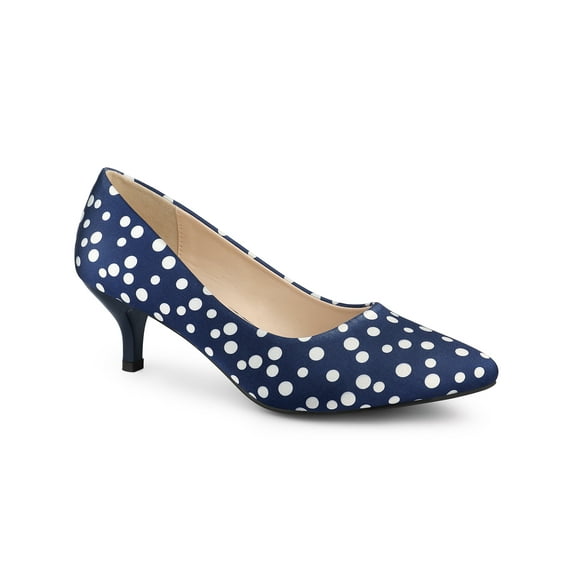 BLISSFUL STEP Women's Shoes Polka Dot Kitten Heel Pumps Pointed Toe Slip-on Heels Royal Blue 6
