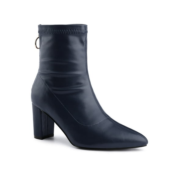 BLISSFUL STEP Women's Boots Pointy Toe Back Zip Block Heel Ankle Boots Dark Blue 11