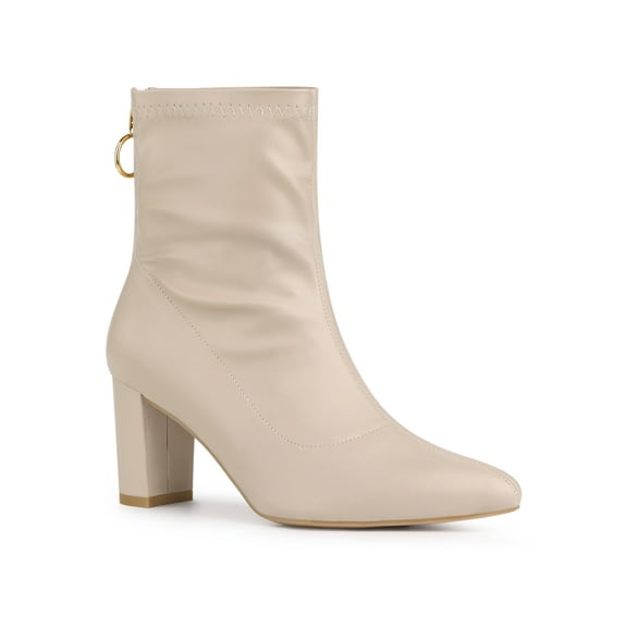 BLISSFUL STEP Women's Boots Pointy Toe Back Zip Block Heel Ankle Boots Beige 7