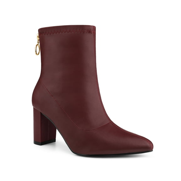 BLISSFUL STEP Women's Boots Pointy Toe Back Zip Block Heel Ankle Boots Burgundy 6