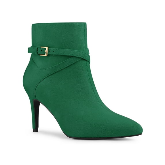 BLISSFUL STEP Women's Ankle Boots Pointed Toe Buckle Cross Straps Stiletto Heel Emerald Green 9.5