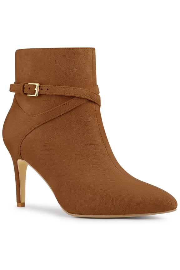 Women's Ankle Boots Pointed Toe Buckle Cross Straps Stiletto Heel Brown 6.5