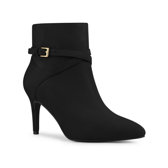 BLISSFUL STEP Women's Ankle Boots Pointed Toe Buckle Cross Straps Stiletto Heel Black 8