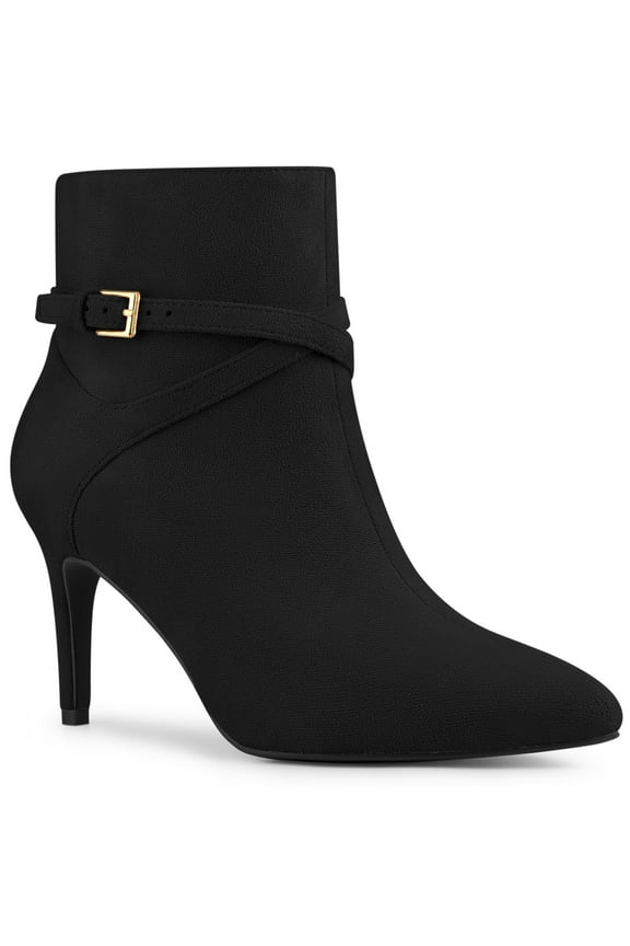 Women's Ankle Boots Pointed Toe Buckle Cross Straps Stiletto Heel Black 8