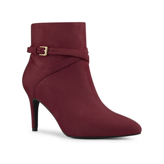 BLISSFUL STEP Women's Ankle Boots Pointed Toe Buckle Cross Straps Stiletto Heel Burgundy 6.5