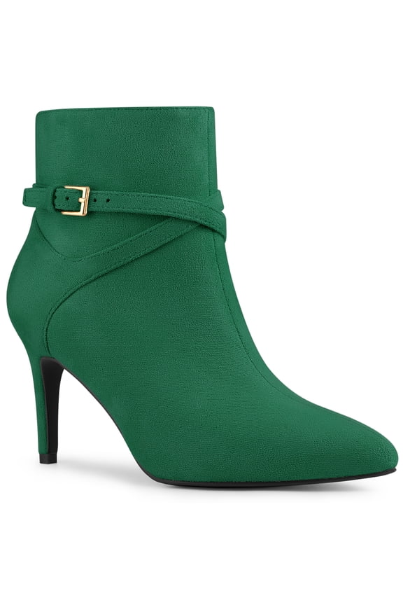 Women's Ankle Boots Pointed Toe Buckle Cross Straps Stiletto Heel Emerald Green 9