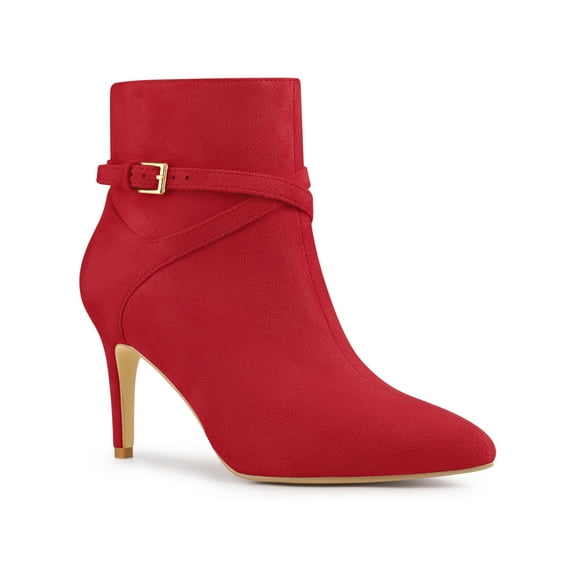 BLISSFUL STEP Women's Ankle Boots Pointed Toe Buckle Cross Straps Stiletto Heel Red 6.5