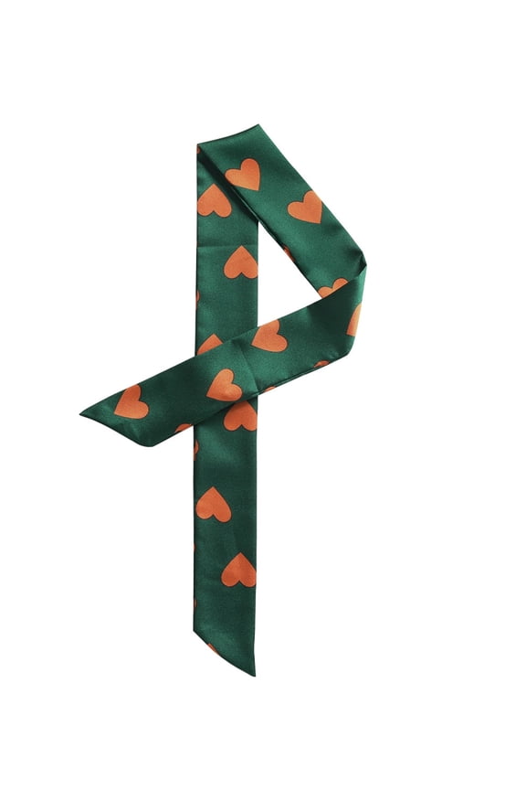 Women Ribbon Neckerchief Heart Pattern Narrow Hair Wrist Scarf Handle Wrap Green Heart S