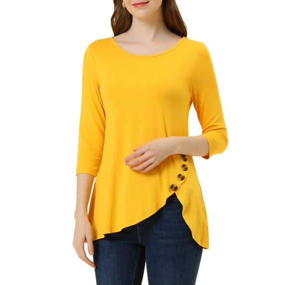 Allegra K Women Round Neck 3/4 Sleeve Button Decor Asymmetric Hem Tunic Top Yellow XL