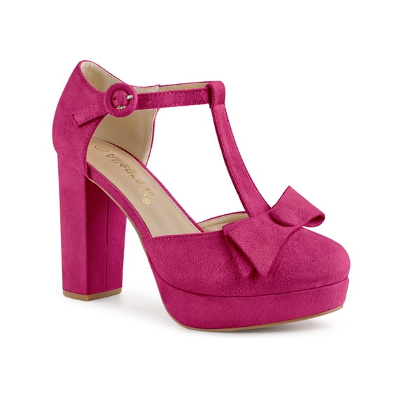 BLISSFUL STEP Women's Shoes Mary Janes Platform Pumps T-Strap Block Heel Round Toe Bow Decor Casual Shoes Hot Pink 9