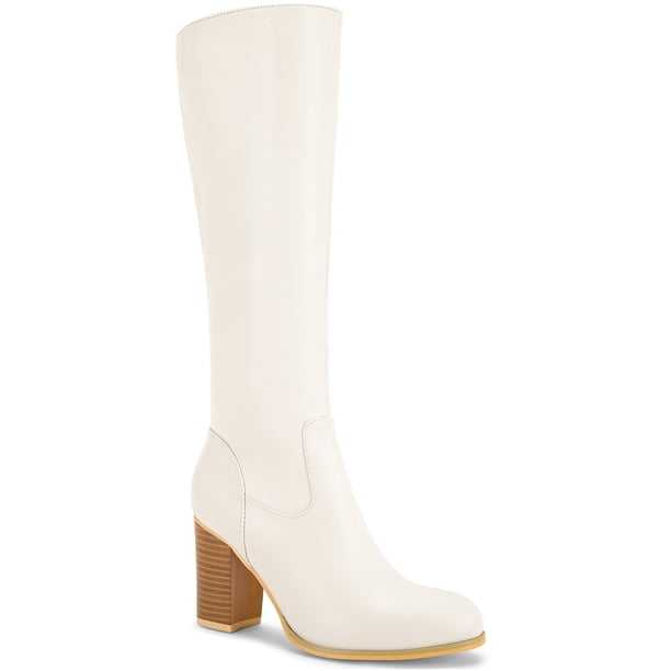 BLISSFUL STEP Women's Boots Knee High Chunky Heel Round Toe Side Zipper Faux Leather Dress Boots Cream 9