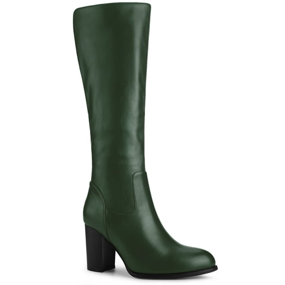 BLISSFUL STEP Women's Boots Knee High Chunky Heel Round Toe Side Zipper Faux Leather Dress Boots  Dark Green 9