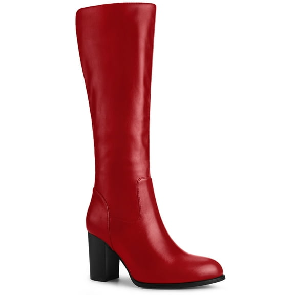 BLISSFUL STEP Women's Boots Knee High Chunky Heel Round Toe Side Zipper Faux Leather Dress Boots Red 6