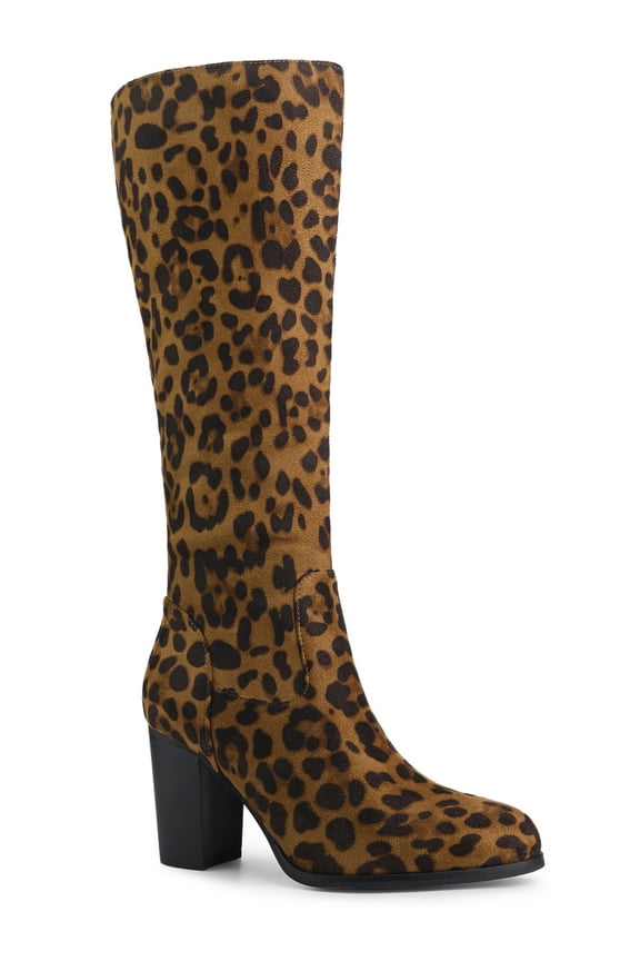 Women's Boots Knee High Chunky Heel Round Toe Side Zipper Faux Leather Dress Boots Leopard 7