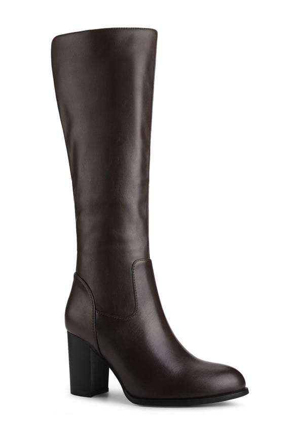 Women's Boots Knee High Chunky Heel Round Toe Side Zipper Faux Leather Dress Boots Coffee 8.5