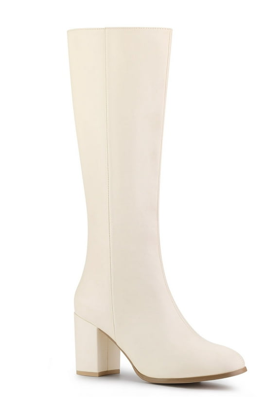 Women's Boots Round Toe Block Heels Knee High Solid Side Zipper Boots Cream White 8.5
