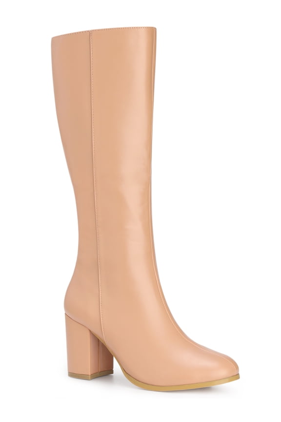 Women's Boots Round Toe Block Heels Knee High Solid Side Zipper Boots Nude 6