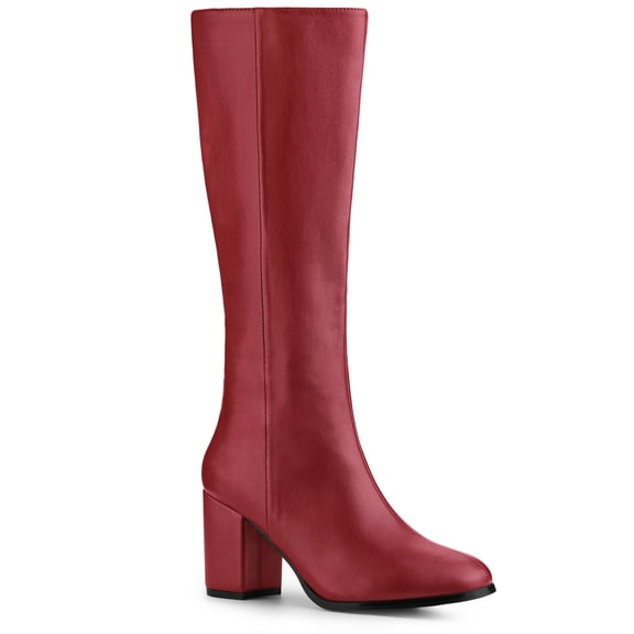 BLISSFUL STEP Women's Boots Round Toe Block Heels Knee High Solid Side Zipper Boots Red 8.5
