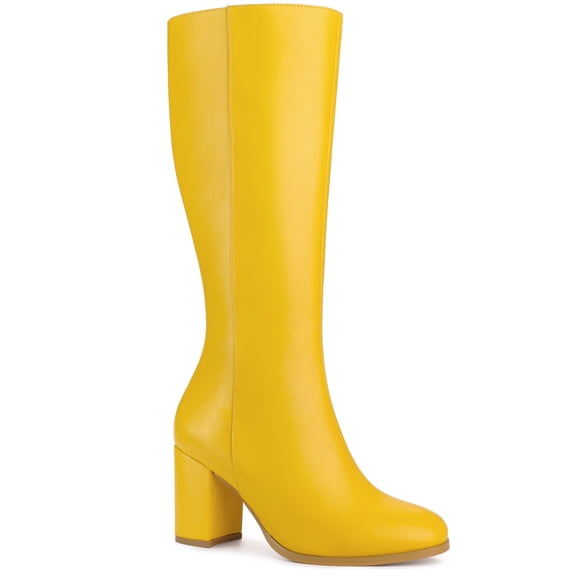 BLISSFUL STEP Women's Boots Round Toe Block Heels Knee High Solid Side Zipper Boots Yellow 7
