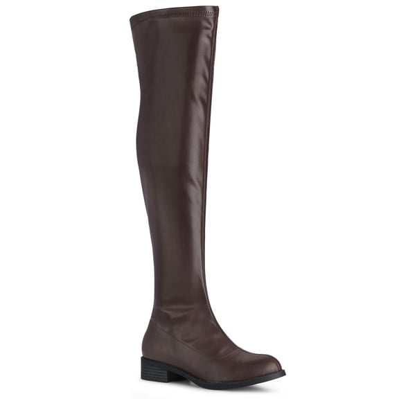 BLISSFUL STEP Women's Round Toe Block Heel Over Knee High Boots Coffee 7
