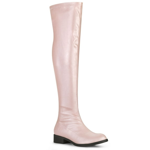 BLISSFUL STEP Women's Round Toe Block Heel Over Knee High Boots Bling Pink 11