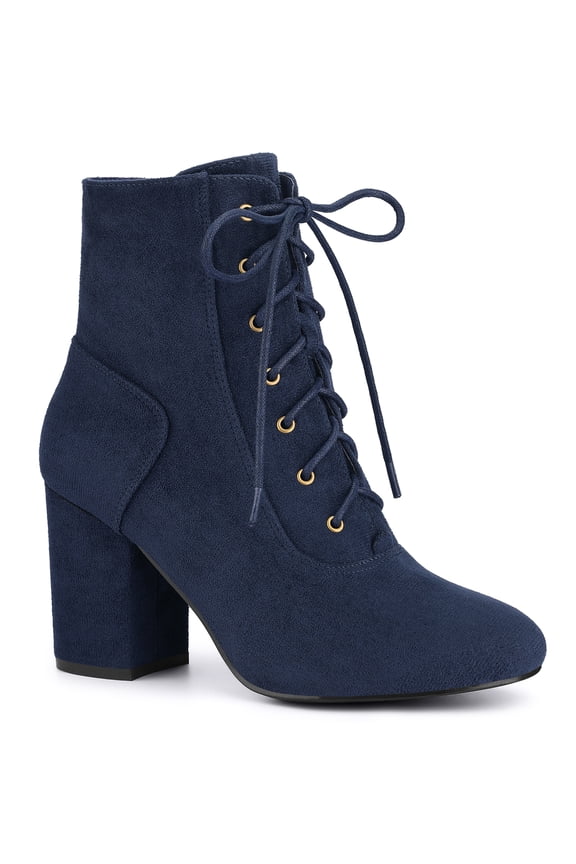 Women's Ankle Boots Faux Suede Chunky Heel Lace-Up Zip Booties Navy Blue 10