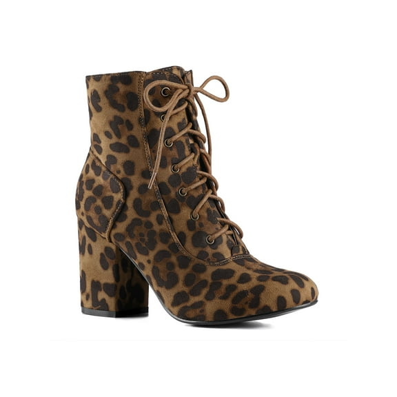 BLISSFUL STEP Women's Ankle Boots Faux Suede Chunky Heel Lace-Up Zip Booties Leopard 5.5