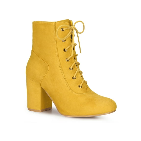 BLISSFUL STEP Women's Ankle Boots Faux Suede Chunky Heel Lace-Up Zip Booties Yellow 5.5