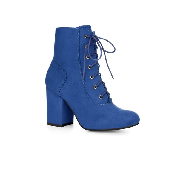 BLISSFUL STEP Women's Ankle Boots Faux Suede Chunky Heel Lace-Up Zip Booties Royal Blue 10