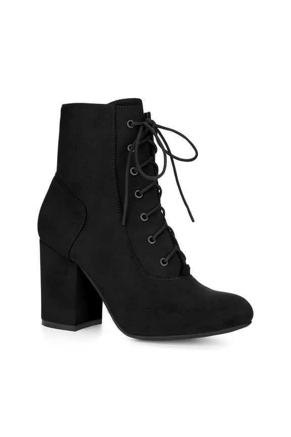 Women's Ankle Boots Faux Suede Chunky Heel Lace-Up Zip Booties Black 9