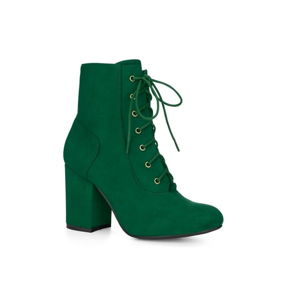 BLISSFUL STEP Women's Ankle Boots Faux Suede Chunky Heel Lace-Up Zip Booties Emerald Green 6