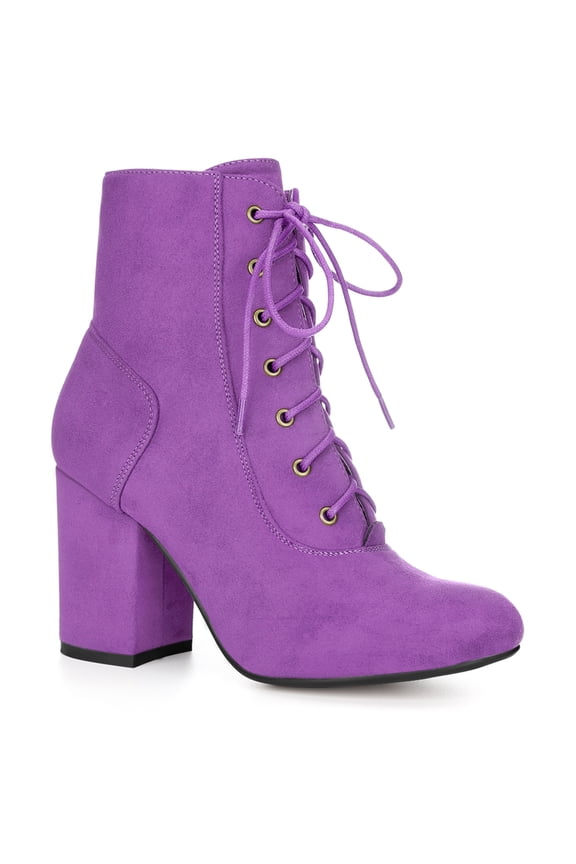Women's Ankle Boots Faux Suede Chunky Heel Lace-Up Zip Booties Purple 7