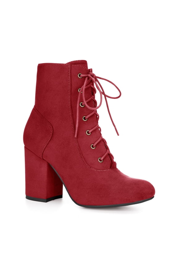 Women's Ankle Boots Faux Suede Chunky Heel Lace-Up Zip Booties Red 9