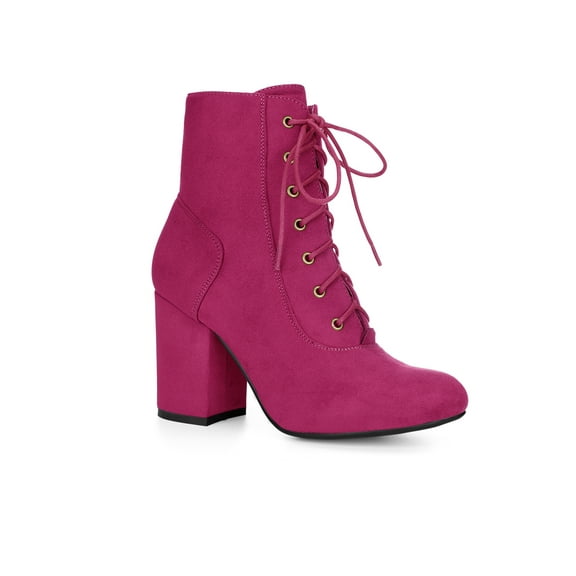 BLISSFUL STEP Women's Ankle Boots Faux Suede Chunky Heel Lace-Up Zip Booties Hot Pink 9