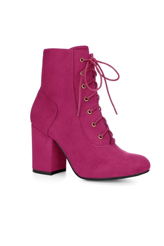 Women's Ankle Boots Faux Suede Chunky Heel Lace-Up Zip Booties Hot Pink 9