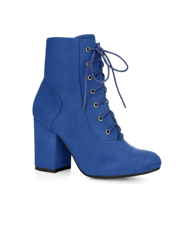 Women's Ankle Boots Faux Suede Chunky Heel Lace-Up Zip Booties Royal Blue 7