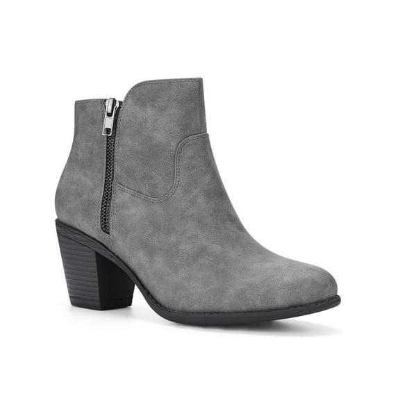 BLISSFUL STEP Women' Shoes Round Toe Stacked Block Heel Zipper Ankle Boots Gray 6.5