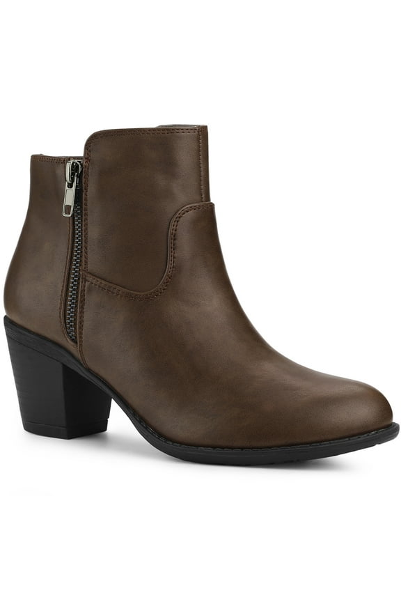 Women's Shoes Round Toe Stacked Block Heel Zipper Ankle Boots Brown 8