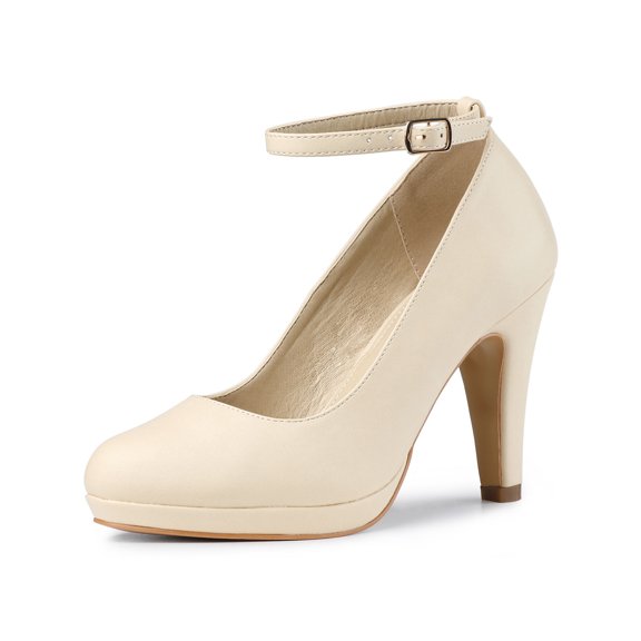 BLISSFUL STEP Women' Shoes Round Toe Stiletto Heel Ankle Strap Pumps Beige 8.5
