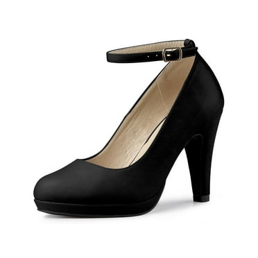 BLISSFUL STEP Women Round Toe Stiletto Heel Ankle Strap Pumps Black 6