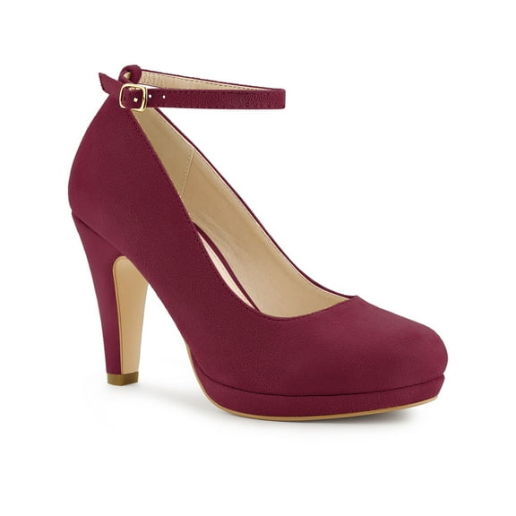 BLISSFUL STEP Valentine's Women' Shoes Round Toe Stiletto Heel Ankle Strap Pumps Burgundy 9.5