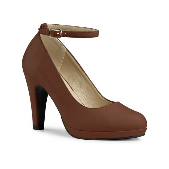 BLISSFUL STEP Women' Shoes Round Toe Stiletto Heel Ankle Strap Pumps Dark Brown 8